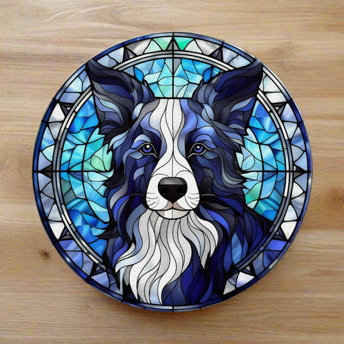 Border Collie Long Haired Circular Glass Suncatcher Worktop Saver